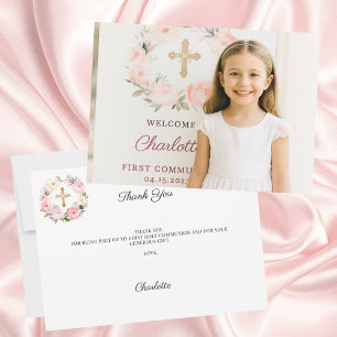 Cartão De Agradecimento Foto de menina com florais rosa cruz Primeira Comu