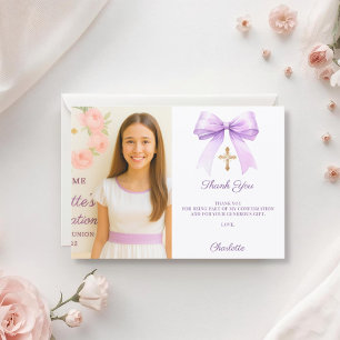 Cartão De Agradecimento Foto de menina com laço lavanda Confirmação