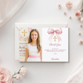 Cartão De Agradecimento Foto de menina com laço rosa Confirmação