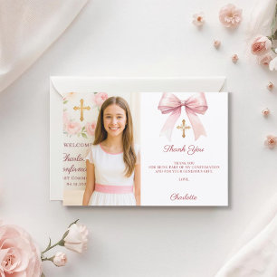 Cartão De Agradecimento Foto de menina com laço rosa Confirmação