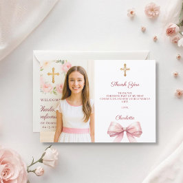 Cartão De Agradecimento Foto de menina com laço rosa Primeira Comunhão