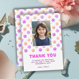 Cartão De Agradecimento Foto de Menina de Aniversário com Flores Cor-de-Ro