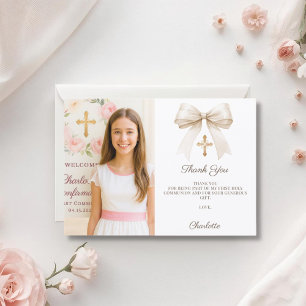 Cartão De Agradecimento Foto de menina laço creme Confirmação