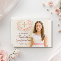 Foto de menina laço rosa cruz Confirmação