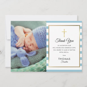 Cartão De Agradecimento Foto de Natal com Batismo Dourado e Strike Azul