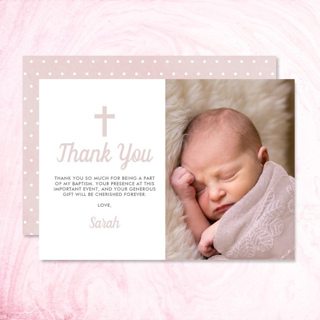 Cartão De Agradecimento Foto de Natal para Menina Rosa Simples (Thank your family and friends for attending your daughter's baptism with this photo thank you card.)
