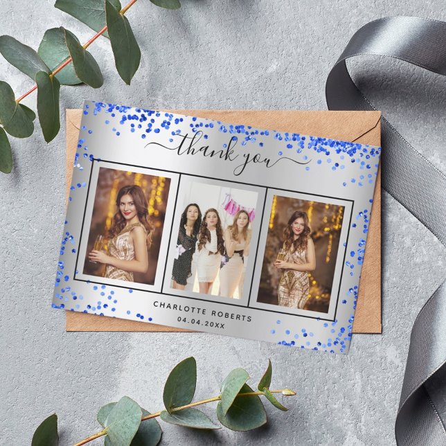 Cartão De Agradecimento Foto de prata de aniversário de azul real (Criador carregado)
