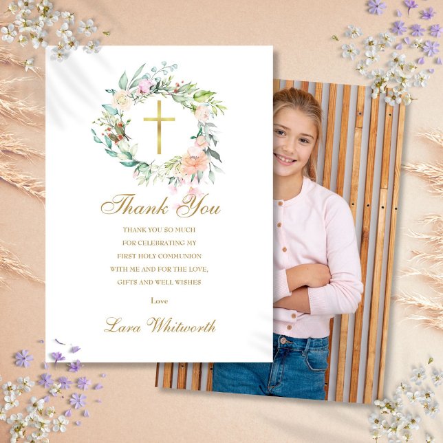 Cartão De Agradecimento Foto de Primeira Comunhão Rosas Floral Dourado (First Holy Communion Photo Roses Floral Gold Thank You Card)