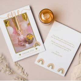 Cartão De Agradecimento Foto de Primeiro Aniversário Boho Arco-íris em Dou