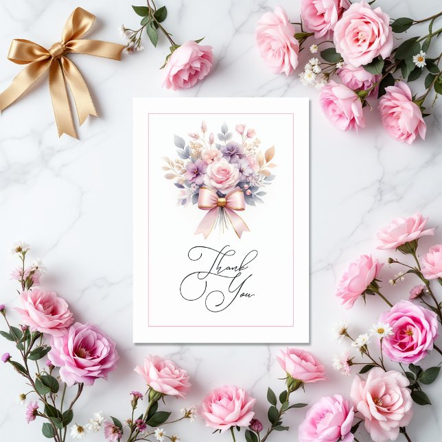 Cartão De Agradecimento Foto de primeiro aniversario Floral Elegante (Elegant Floral Bow 1st Birthday Girl Photo Thank You Card)
