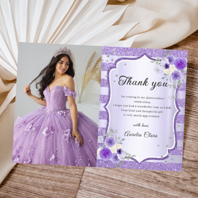 Cartão De Agradecimento Foto de Quinceanera Floral Purple (Criador carregado)