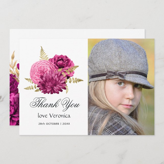 Cartão De Agradecimento Foto de Quinceañera Floral, Rosa-Quente e Dourada (Frente/Verso)