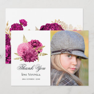Cartão De Agradecimento Foto de Quinceañera Floral, Rosa-Quente e Dourada