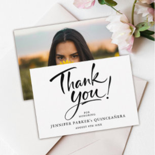 Cartão De Agradecimento Foto de Quinceañera Preta e Branca Moderna
