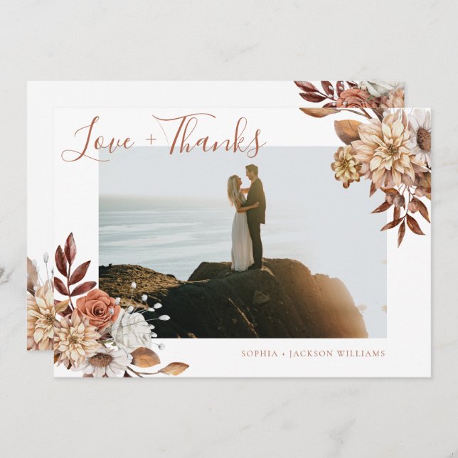 Cartão De Agradecimento Foto de Script Floral Elegante Terracotta (Frente/Verso)