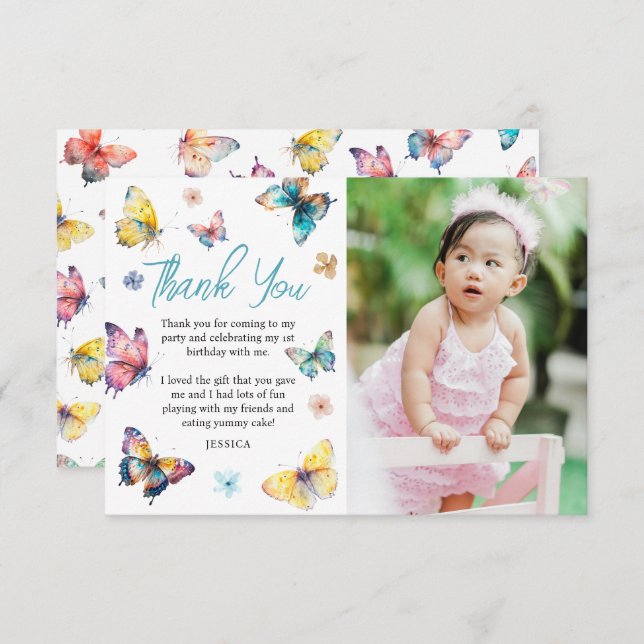 Cartão De Agradecimento Foto do Aniversário da Menina Borboleta Bonita (Frente/Verso)