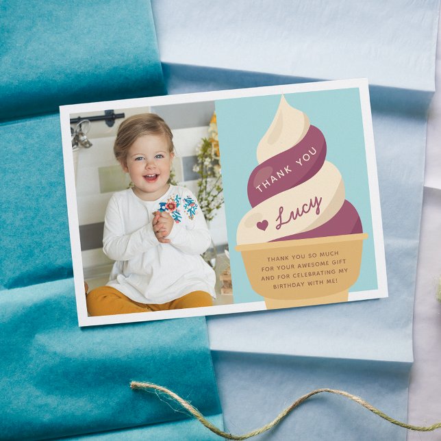 Cartão De Agradecimento Foto do aniversário infantil com sorvete de baunil (Criador carregado)