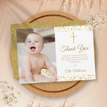 Cartão De Agradecimento Foto do Baptism Christening Elegant Ouro Heart<br><div class="desc">Cartões de agradecimentos de fotos elegante batismo batizante com delicados corações de ouro com um elegante crucifixo de ouro. Personalize com sua foto especial e batismo ou obrigado batizante sua mensagem em letras quic gold. Projetado por Thisnotme©</div>