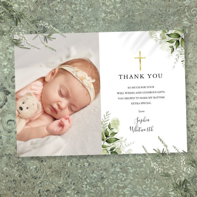 Cartão De Agradecimento Foto do Batismo Christening Rustic Greenery (Baptism Christening Rustic Greenery Photo Thank You Card)