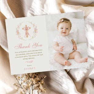 Cartão De Agradecimento Foto do Batismo Cristão de Menina com Laço Floral 