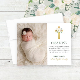 Cartão De Agradecimento Foto do Batismo da Dourada Floral Elegante