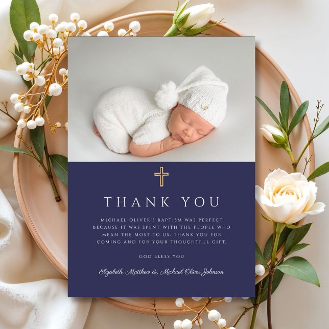 Cartão De Agradecimento Foto do Batismo do Marinho Elegante Blue Cross Boy (Elegant Navy Blue Cross Boy Baptism Photo Thank You Card)