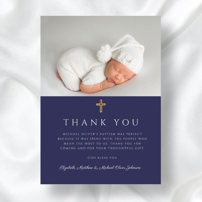 Cartão De Agradecimento Foto do Batismo do Marinho Elegante Blue Cross Boy (Elegant Navy Blue Cross Boy Baptism Photo Thank You Card)