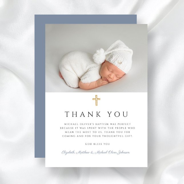 Cartão De Agradecimento Foto do Batismo Elegante Dusty Blue Cross Boy (Elegant Dusty Blue Cross Boy Baptism Photo Thank You Card)