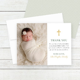 Cartão De Agradecimento Foto do Batismo Elegante Green e Dourada Baby Girl