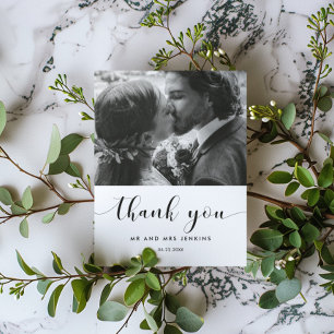 Cartão De Agradecimento Foto do casamento branco e preto elegante
