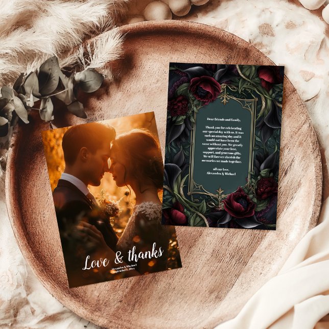 Cartão De Agradecimento Foto do Casamento de Halloween Gótico do Rosa verm (Criador carregado)