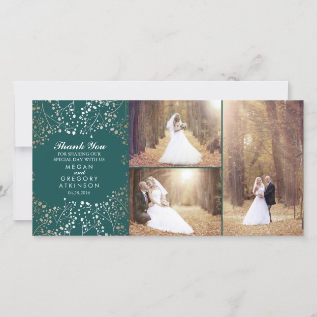 Cartão De Agradecimento Foto do Casamento Dourado de Teal de Respiração do (Frente)