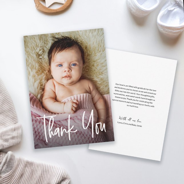 Cartão De Agradecimento Foto do Chá da Modern Handlettering Custom Baby Gi (Cute Baby Girl photo Handlettering shower thank you card with personal message.)