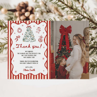 Cartão De Agradecimento Foto do Chá de Bebê de Natal com Red Stripe