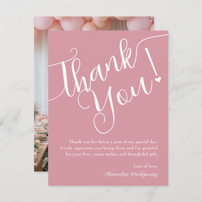 Cartão De Agradecimento Foto do Chá de fraldas Elegante Script Pink Girl (Frente/Verso)