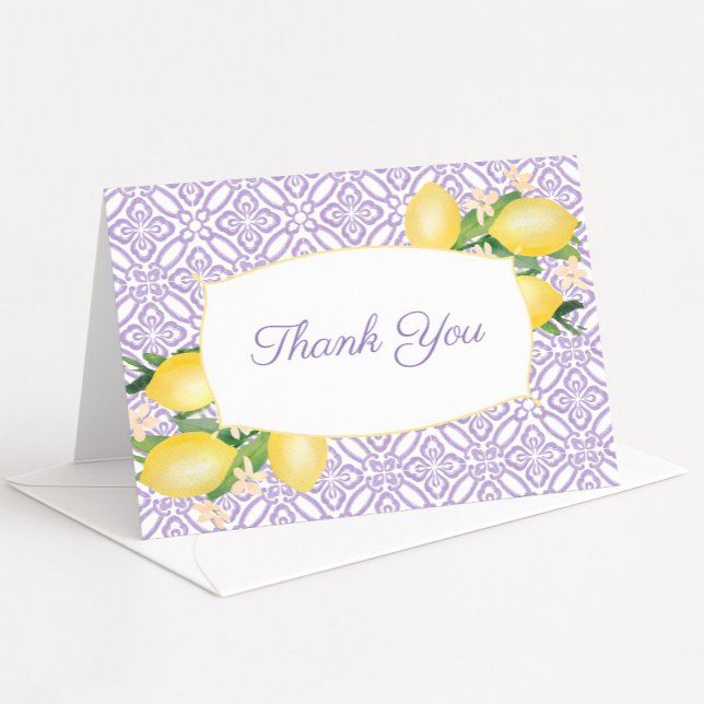 Cartão De Agradecimento Foto do Chá de fraldas Roxo Lilac-Lemons bonito (Lemons with lavender folding thank you card)