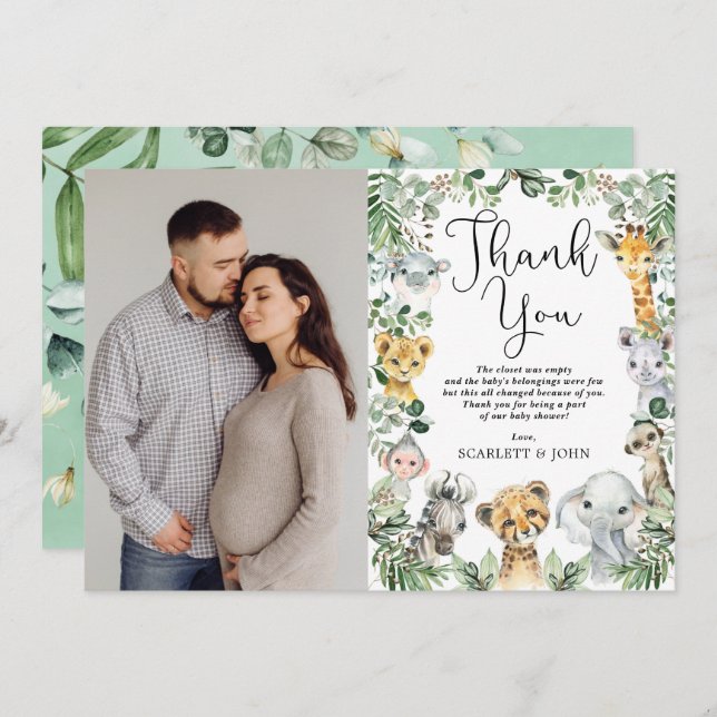 Cartão De Agradecimento Foto do Chá de fraldas Safari Animal Selgle Greene (Frente/Verso)