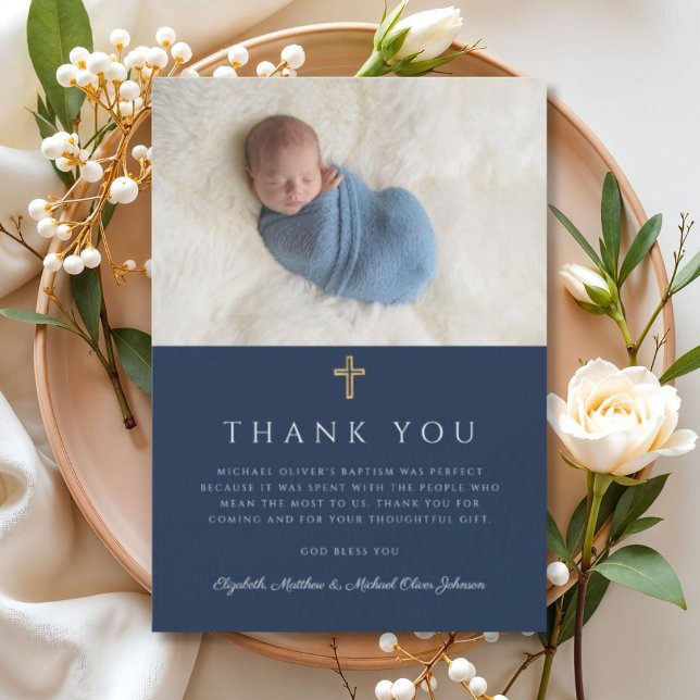 Cartão De Agradecimento Foto do Elegante Marinho Azul Religioso (Elegant Navy Blue Religious Boy Photo Thank You Card)