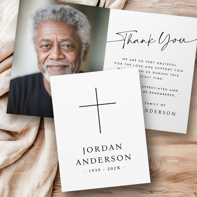 Cartão De Agradecimento Foto do funeral do Elegant Christian Cross name (Elegant Christian cross name date funeral photo Thank You Card)