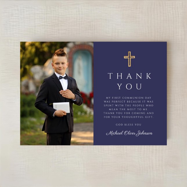 Cartão De Agradecimento Foto do marinho Blue Cross Boy Primeira Comunhão (Navy Blue Cross Boy Photo First Communion Thank You Card)