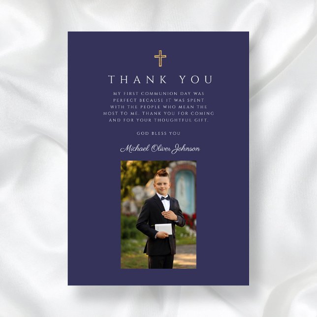 Cartão De Agradecimento Foto do marinho Blue Cross Boy Primeira Comunhão (Navy Blue Cross Boy Photo First Communion Thank You Card)