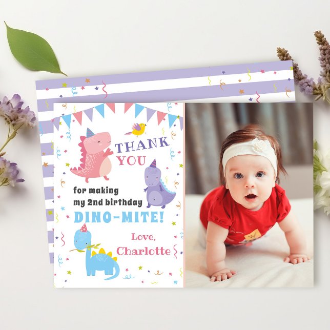 Cartão De Agradecimento Foto do Partido Dino Dinossauro Púrpura Rosa (Criador carregado)