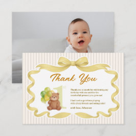 Cartão De Agradecimento Foto do Primeiro Aniversário do Beary com Faixa de