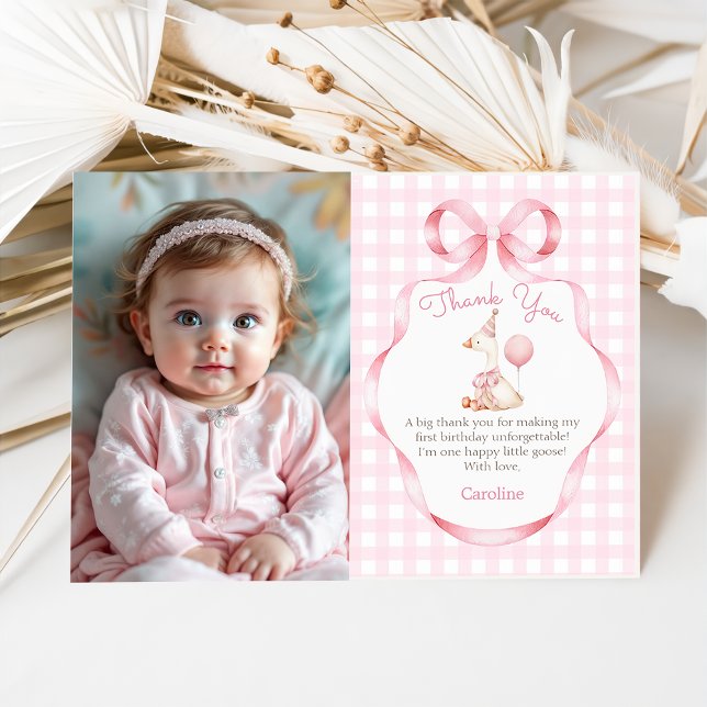 Cartão De Agradecimento Foto do primeiro aniversario Ganso do Bobo Rosa (Criador carregado)