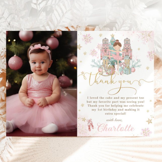 Cartão De Agradecimento Foto do primeiro aniversario Nutcracker Winter One (pastel-pink-the-nutcracker-ballet-winter-onederland-wonderland-1st-birthday-party-photo-thank-you)
