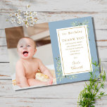 Cartão De Agradecimento Foto do primeiro aniversario Verde Azul<br><div class="desc">Obrigado moderno que você fotografa com folhas verdes em áreas de floresta sobre fundo azul. Personalize com sua foto e seu obrigado de aniversário especial você escreve em tipografia de ouro-chico. Uma maneira perfeita de dizer obrigado! Projetado por Thisnotme©</div>