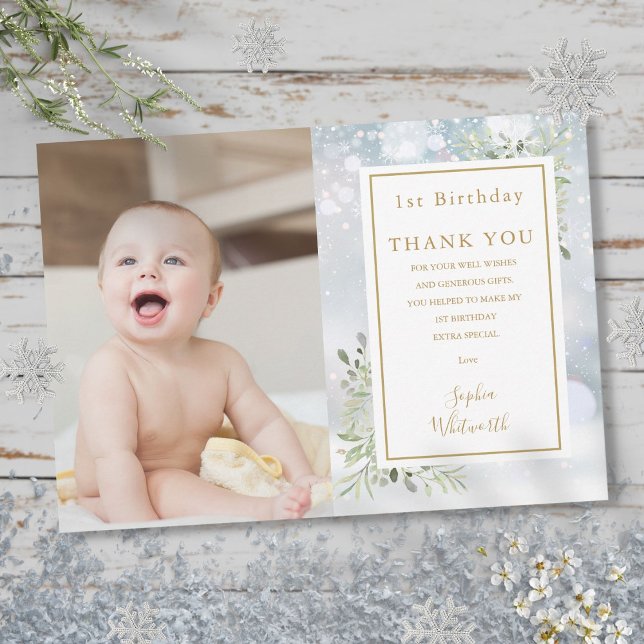 Cartão De Agradecimento Foto do primeiro aniversario Winter Greenery (Winter Greenery 1st Birthday Photo Thank You Card)