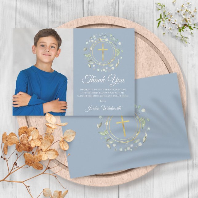 Cartão De Agradecimento Foto do Primeiro Sagrado Comunhão Dusty Blue Green (Criador carregado)