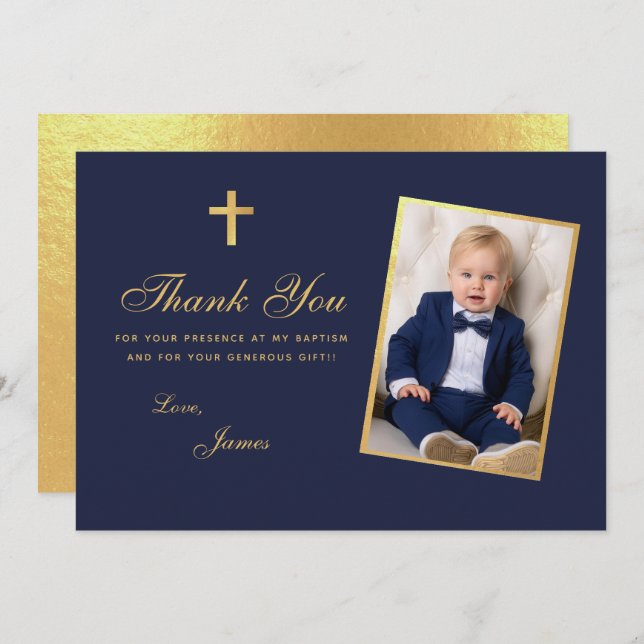 Cartão De Agradecimento Foto do Rapaz Baptism Faux Gold Foil Marinho Blue  (Frente/Verso)