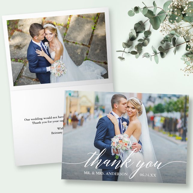 Cartão De Agradecimento Foto dobrada de casamentos de fotos em caligrafia  (Customize to change your personalized text size or text style.)